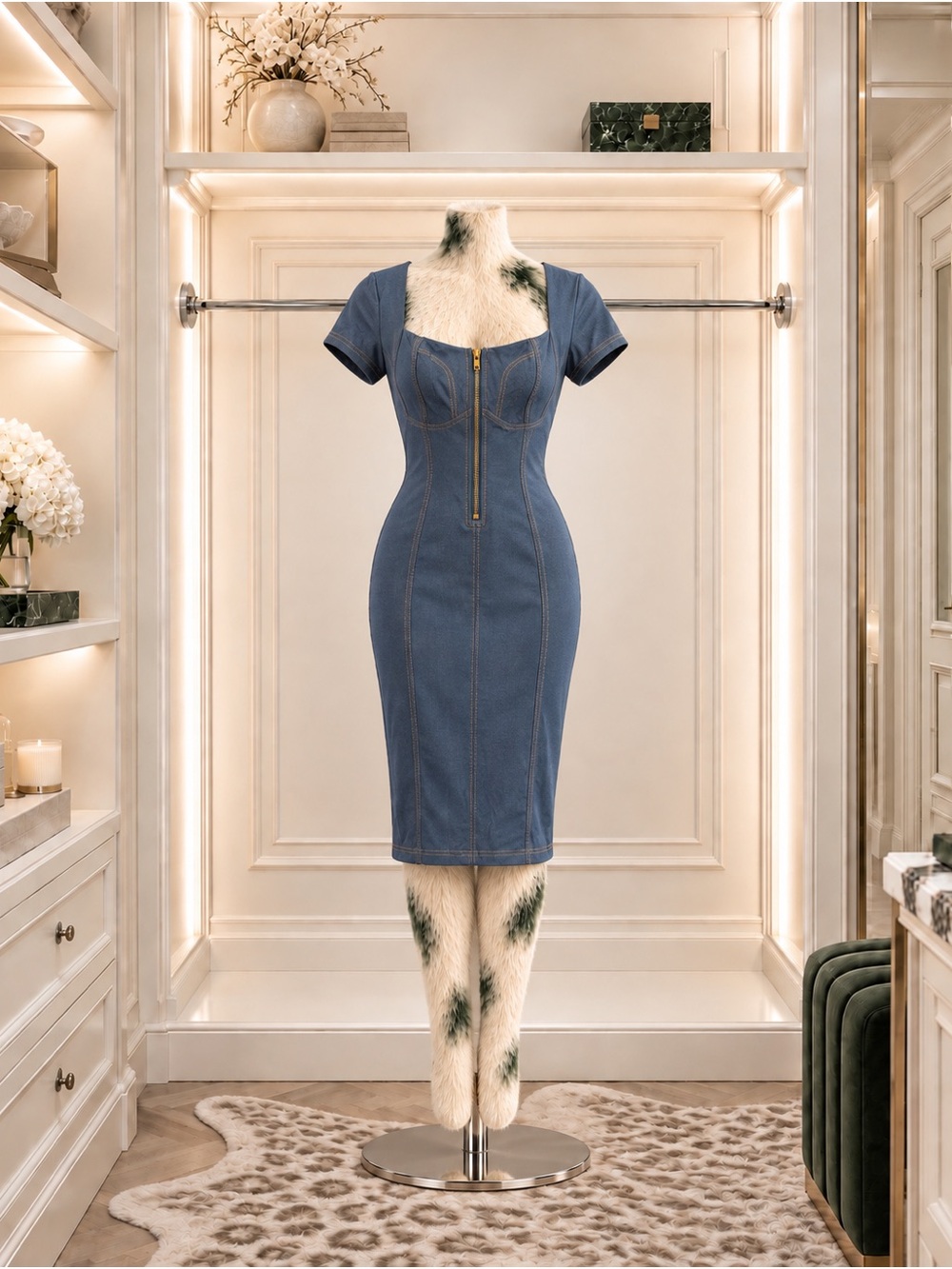 Populish Blue Denim-Look Built-In Shapewear Dress, Size M, NWT